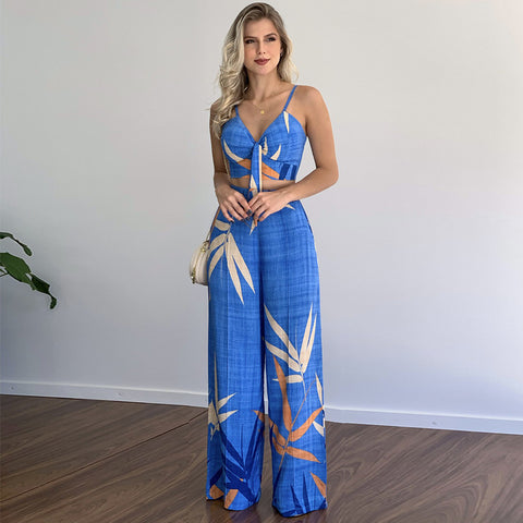 New Linen V-neck Short Vest High Waist Print Wide Leg Pants Two-piece Set