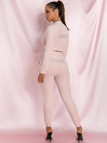 Leisure Sports Rhinestone Gold Velvet Slim Sweatpants Set