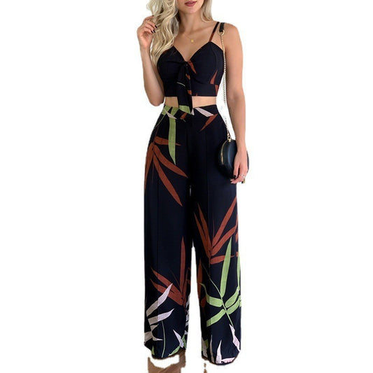 New Linen V-neck Short Vest High Waist Print Wide Leg Pants Two-piece Set