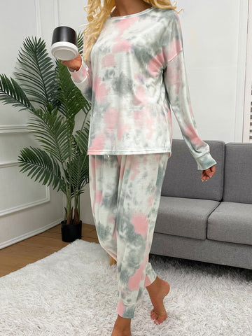 Shiny Tie-Dye Round Neck Top and Drawstring Pants Lounge Set