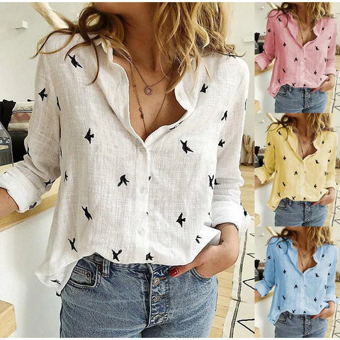 (403) Fashion Women's Print Shirt - Long Sleeve Cotton Casual Loose Top