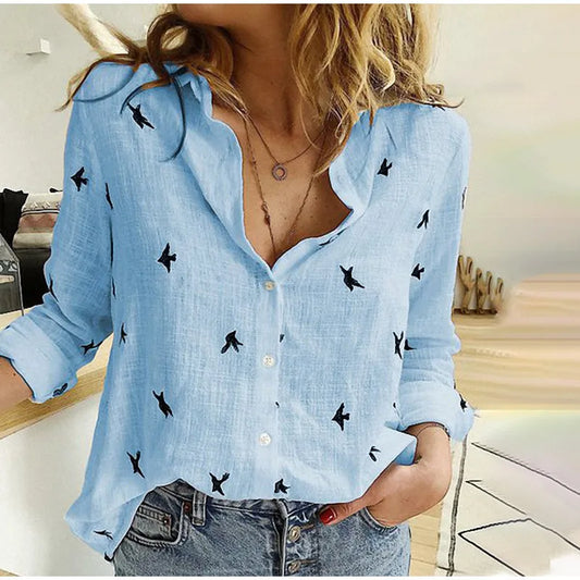 (403) Fashion Women's Print Shirt - Long Sleeve Cotton Casual Loose Top