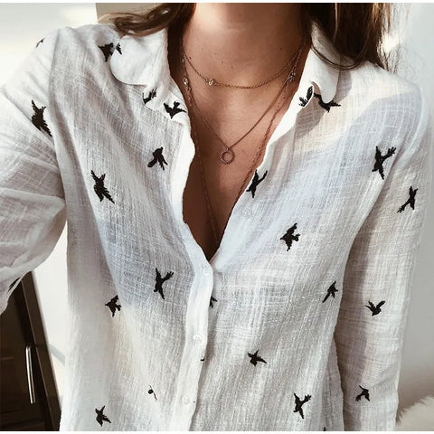 (403) Fashion Women's Print Shirt - Long Sleeve Cotton Casual Loose Top