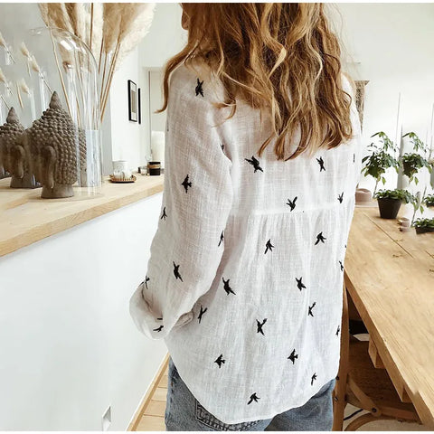 (403) Fashion Women's Print Shirt - Long Sleeve Cotton Casual Loose Top