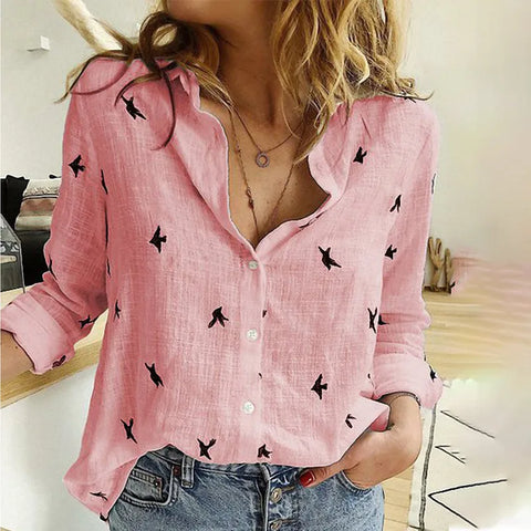 (403) Fashion Women's Print Shirt - Long Sleeve Cotton Casual Loose Top