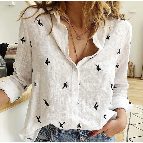 (403) Fashion Women's Print Shirt - Long Sleeve Cotton Casual Loose Top