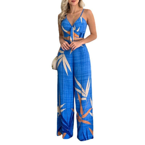 New Linen V-neck Short Vest High Waist Print Wide Leg Pants Two-piece Set